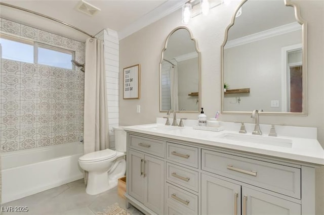 full bathroom featuring vanity, shower / bathtub combination with curtain, tile patterned flooring, toilet, and ornamental molding