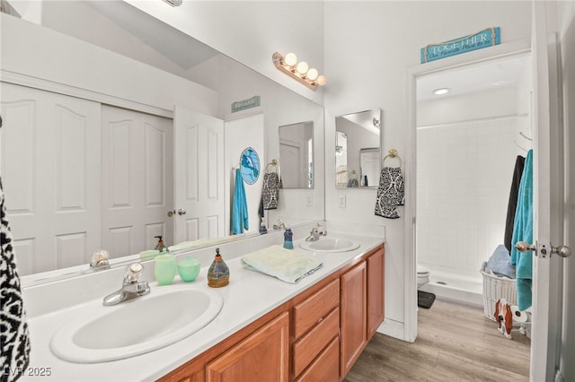 bathroom featuring toilet, a tile shower, hardwood / wood-style floors, and vanity