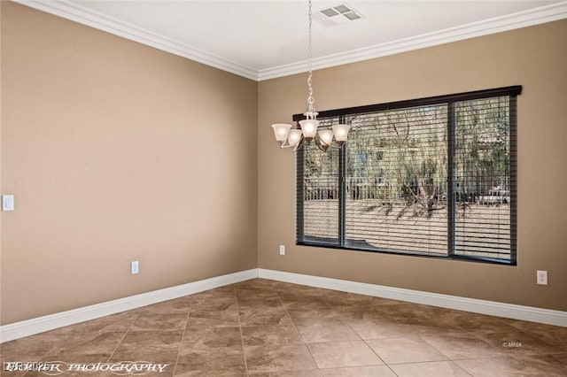 unfurnished dining area with a notable chandelier, tile patterned floors, and ornamental molding