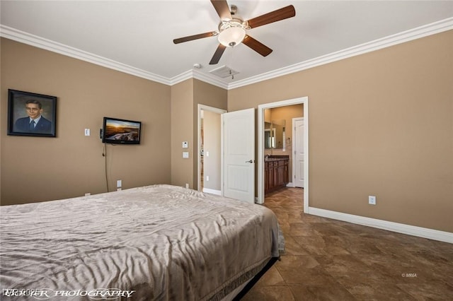 bedroom featuring ensuite bathroom, ceiling fan, and crown molding