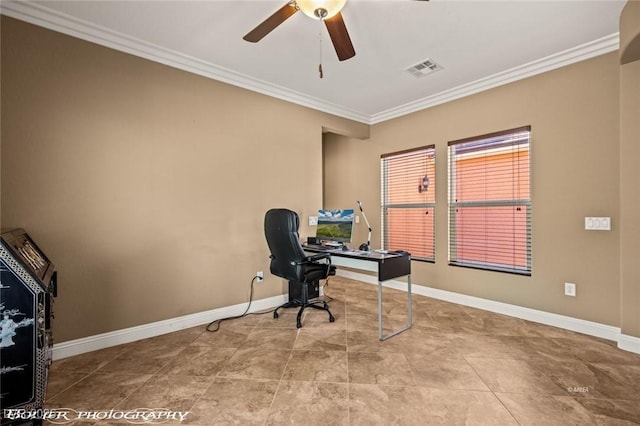 office featuring ceiling fan and ornamental molding