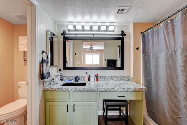 bathroom with toilet, a textured ceiling, and vanity