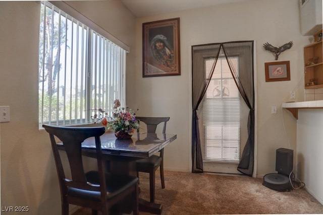 dining space featuring carpet