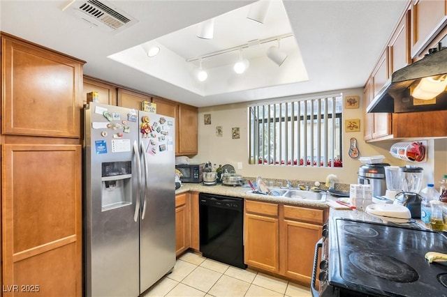 kitchen with sink, dishwasher, range with electric cooktop, stainless steel fridge, and a raised ceiling