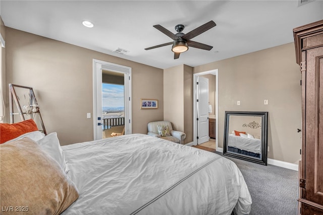 bedroom with access to exterior, visible vents, baseboards, light colored carpet, and a ceiling fan