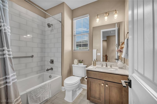 full bath featuring tile patterned flooring, toilet, vanity, and shower / bathtub combination with curtain