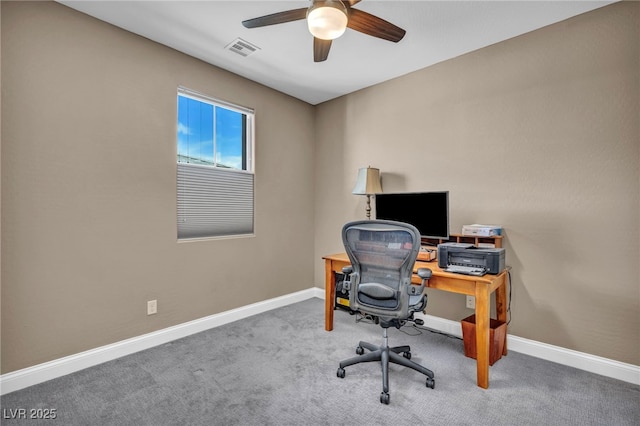 office featuring visible vents, carpet flooring, and baseboards