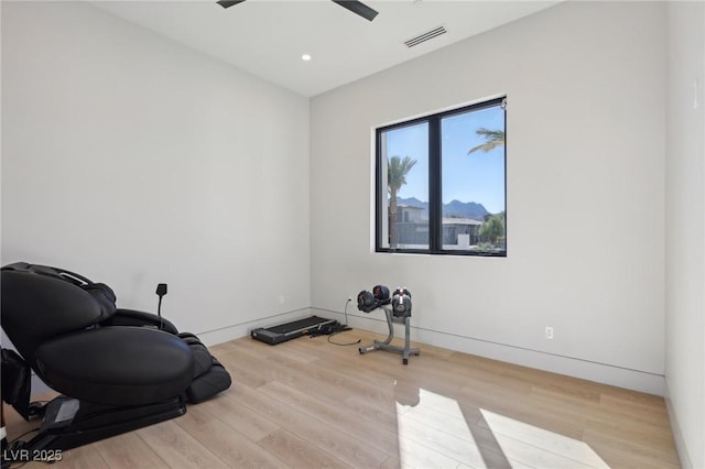 workout area with ceiling fan and light hardwood / wood-style flooring