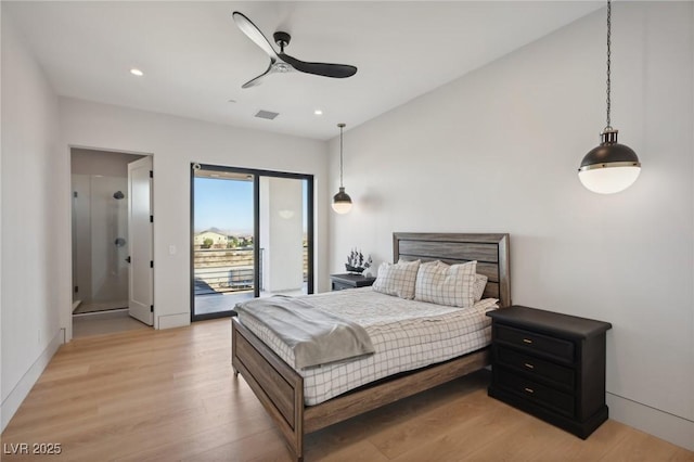 bedroom with ceiling fan, light wood-type flooring, and access to outside