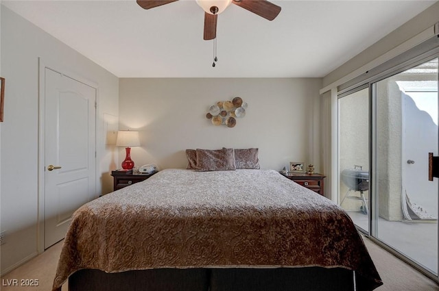 carpeted bedroom with ceiling fan and access to exterior