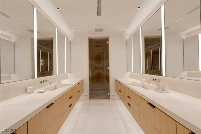 bathroom featuring a shower with door and vanity