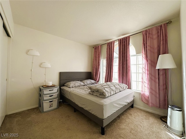 bedroom featuring a closet and light colored carpet