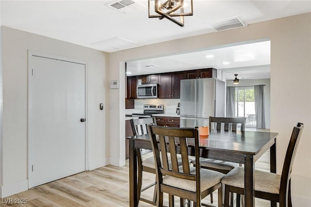 dining room with ceiling fan and light wood-type flooring