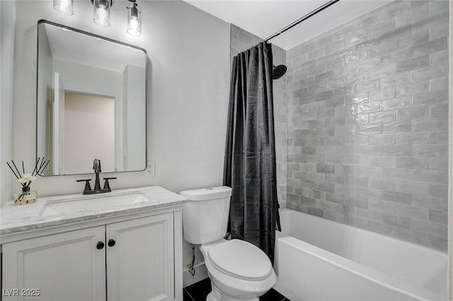 full bathroom with toilet, vanity, and shower / bath combination with curtain