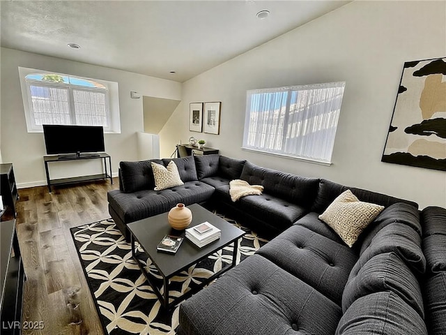 living area with lofted ceiling and wood finished floors