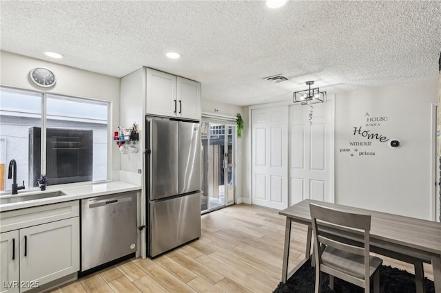 kitchen featuring plenty of natural light, sink, stainless steel appliances, and light hardwood / wood-style floors