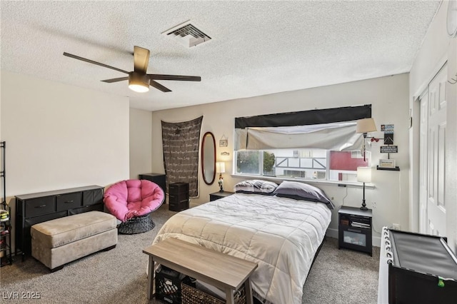 bedroom featuring ceiling fan, carpet flooring, a textured ceiling, and a closet