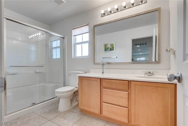 full bath with tile patterned flooring, visible vents, a shower stall, and toilet