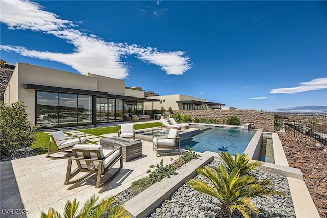 view of swimming pool featuring a fenced in pool, a fire pit, a fenced backyard, and a patio area