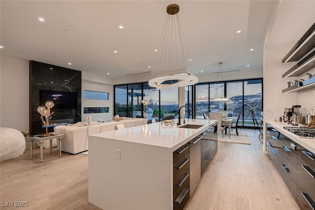 kitchen with light wood finished floors, modern cabinets, a sink, open shelves, and light countertops