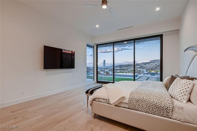 bedroom with light wood-style flooring, access to outside, recessed lighting, baseboards, and ceiling fan