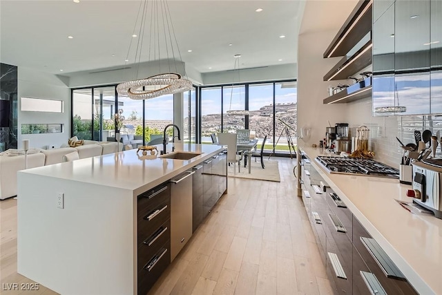 kitchen featuring open shelves, stainless steel appliances, a sink, light countertops, and modern cabinets