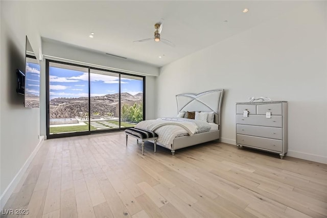 bedroom with access to exterior, ceiling fan, baseboards, light wood-type flooring, and recessed lighting