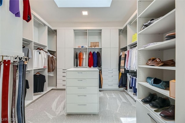 spacious closet featuring light colored carpet and a skylight