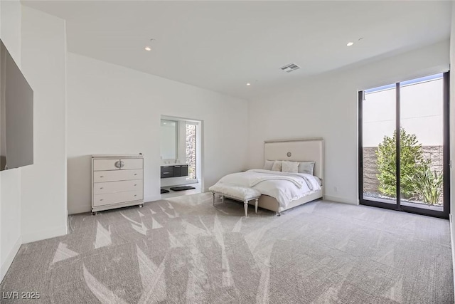 unfurnished bedroom with recessed lighting, visible vents, access to exterior, and carpet flooring