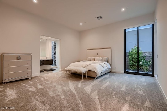 bedroom with access to exterior, visible vents, baseboards, and carpet floors