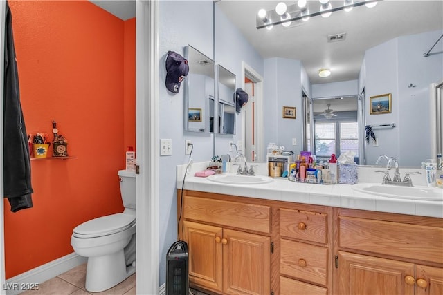 bathroom featuring ceiling fan, vanity, toilet, and tile patterned floors