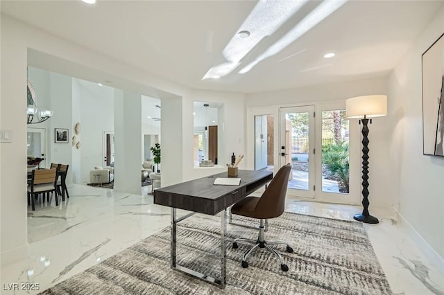 home office with marble finish floor, baseboards, and recessed lighting