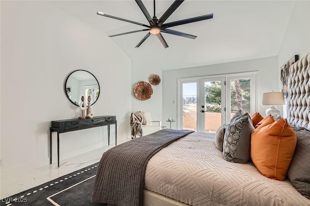 bedroom with ceiling fan, access to exterior, marble finish floor, french doors, and high vaulted ceiling