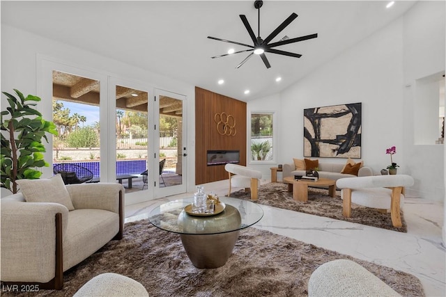 4961 Tierra Del Sol Dr, Las Vegas, NV 89113 - living room featuring marble tiled floors, lofted ceiling, recessed lighting, and a ceiling fan