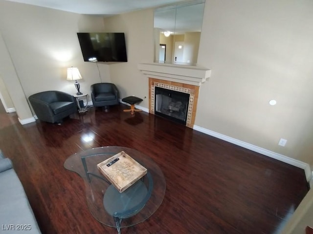 living room featuring wood-type flooring and a fireplace