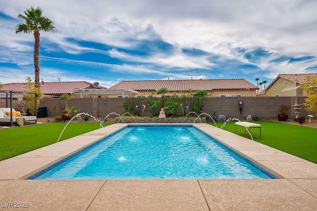 view of pool with a fenced backyard, a fenced in pool, and a lawn