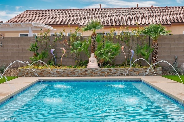 view of swimming pool featuring a fenced in pool, a fenced backyard, and a pergola