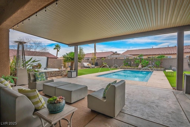 view of swimming pool with a fenced in pool, a patio, an outdoor hangout area, a residential view, and a fenced backyard