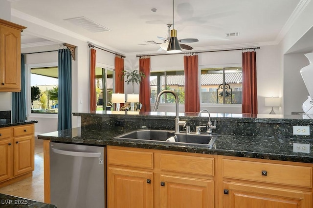 kitchen with dishwasher, ornamental molding, a sink, and visible vents