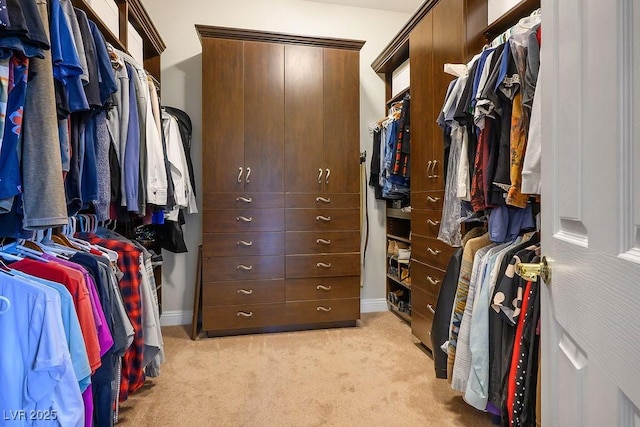 walk in closet with light carpet