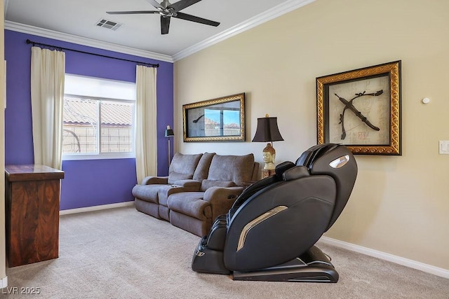 living area with visible vents, ornamental molding, light carpet, ceiling fan, and baseboards