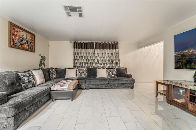 living room with marble finish floor and visible vents