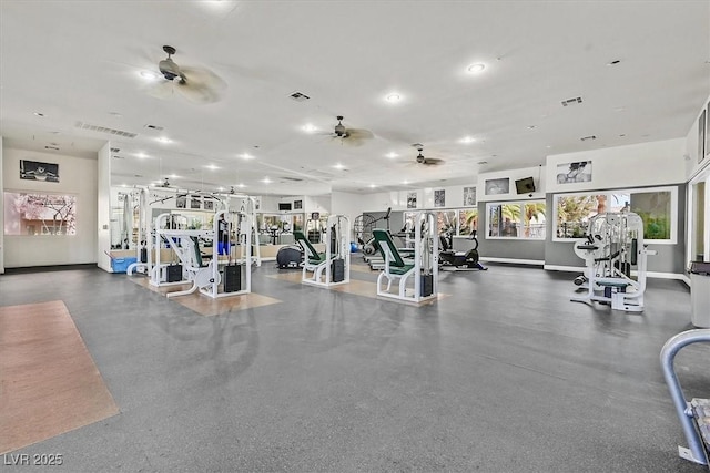 gym featuring ceiling fan