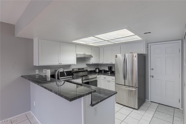 6250 W Flamingo Rd Unit 7, Las Vegas, NV 89103 - kitchen with kitchen peninsula, appliances with stainless steel finishes, white cabinets, and light tile patterned floors