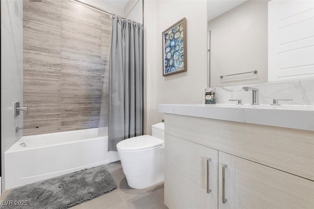 full bathroom featuring toilet, shower / tub combo, tile patterned flooring, and vanity