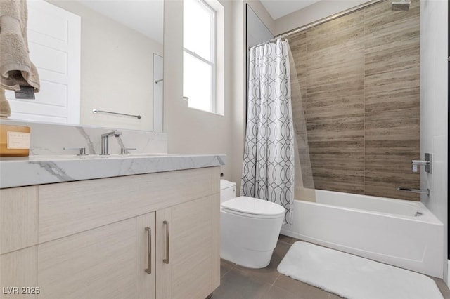 bathroom with toilet, vanity, shower / bath combo with shower curtain, and tile patterned floors