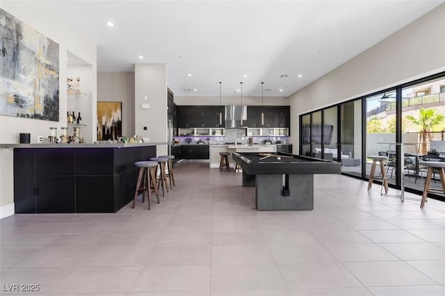 rec room with light tile patterned floors, pool table, and recessed lighting