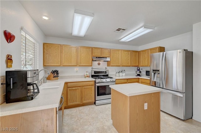 kitchen with sink, stainless steel appliances, and a center island