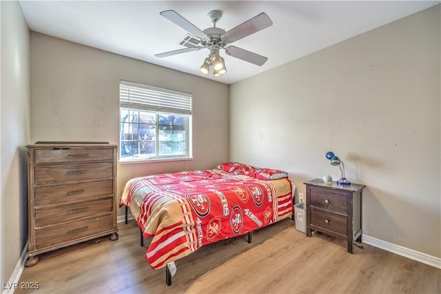 bedroom featuring ceiling fan and light hardwood / wood-style floors