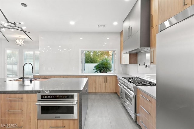 kitchen with sink, wall chimney range hood, stainless steel appliances, and a wealth of natural light